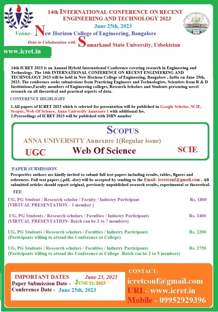 14th International Conference on Recent Engineering and Technology ICRET 2023